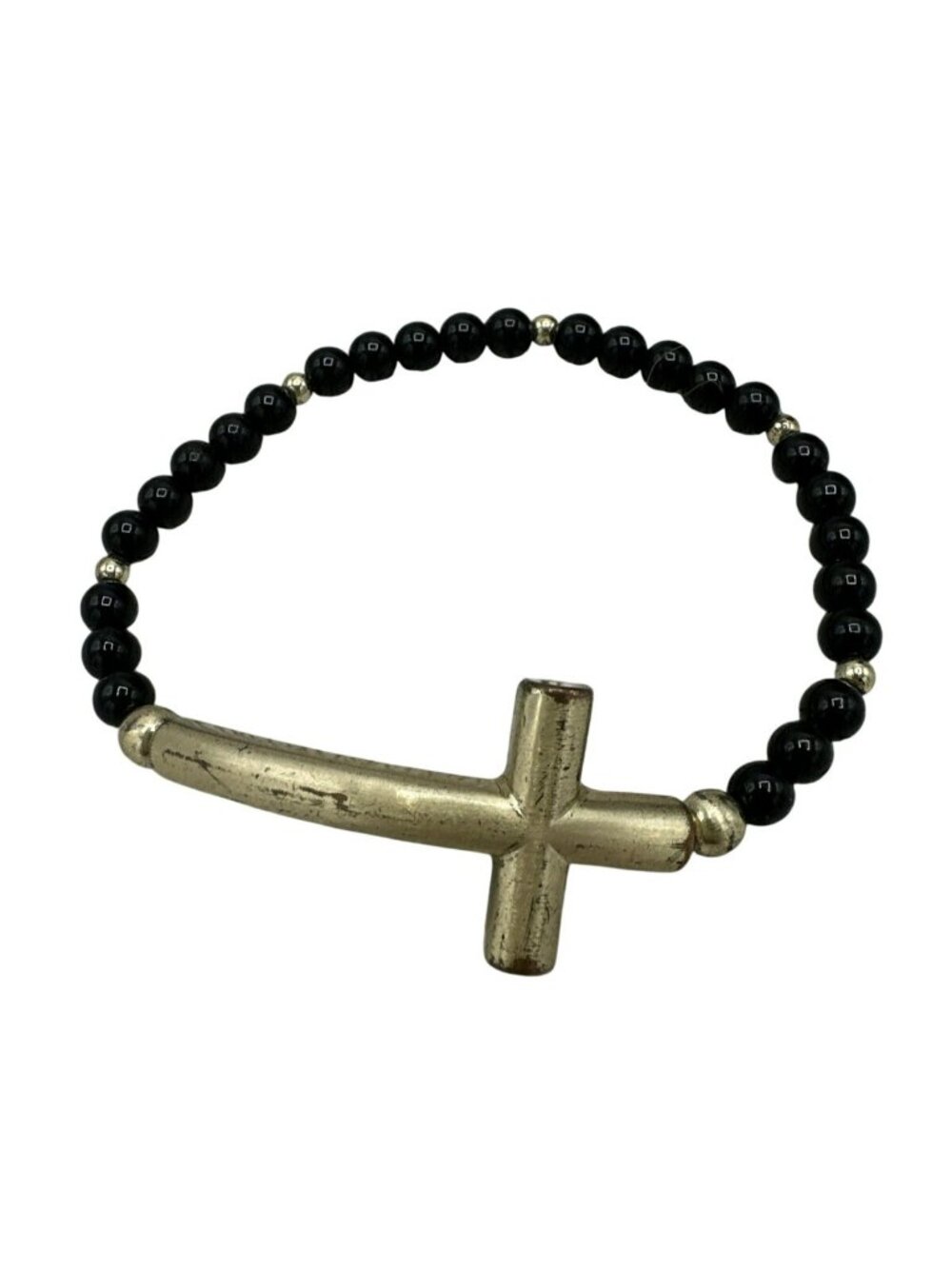 Stretch Bracelet Gold Tone Cross Gold Tone Religious Black Beaded Goth Dainty